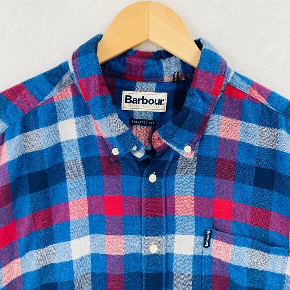 Barbour Flannel Shirt Mens XXL Tailored Fit Blue Red Button Down Long Sleeve - Picture 2 of 13